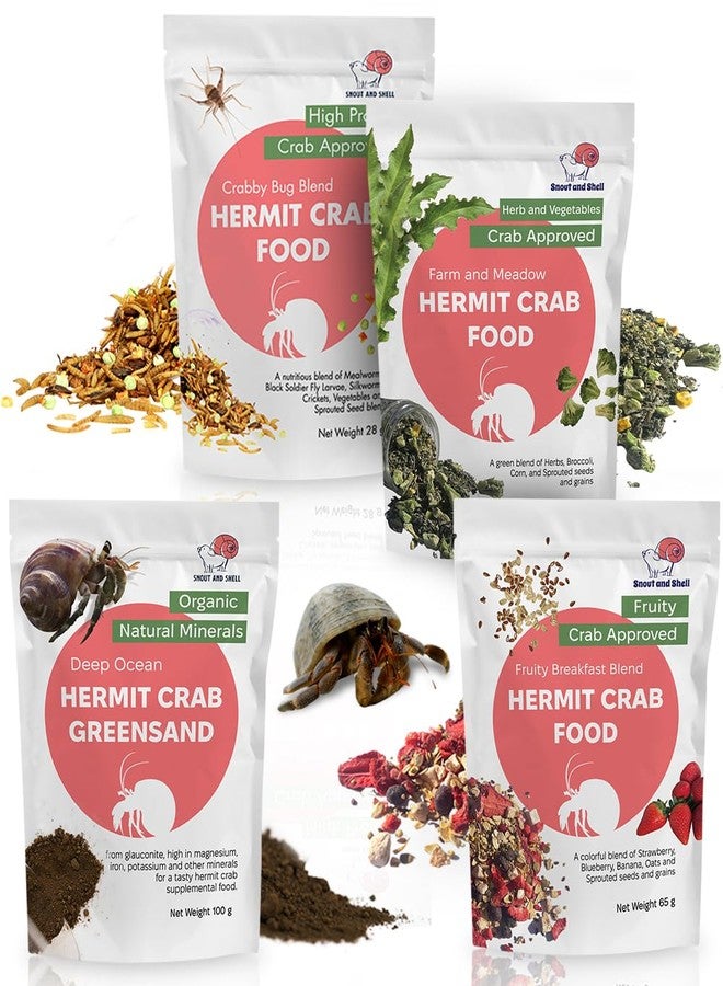 Snout and Shell Hermit Crab Food Bundle (Farm and Meadow, Fruity Breakfast Blend, Crabby Bug Blend, Greensand) - Image 1